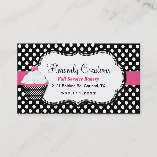 Fun Polka Dot and Cupcake Bakery Business Card (Front)