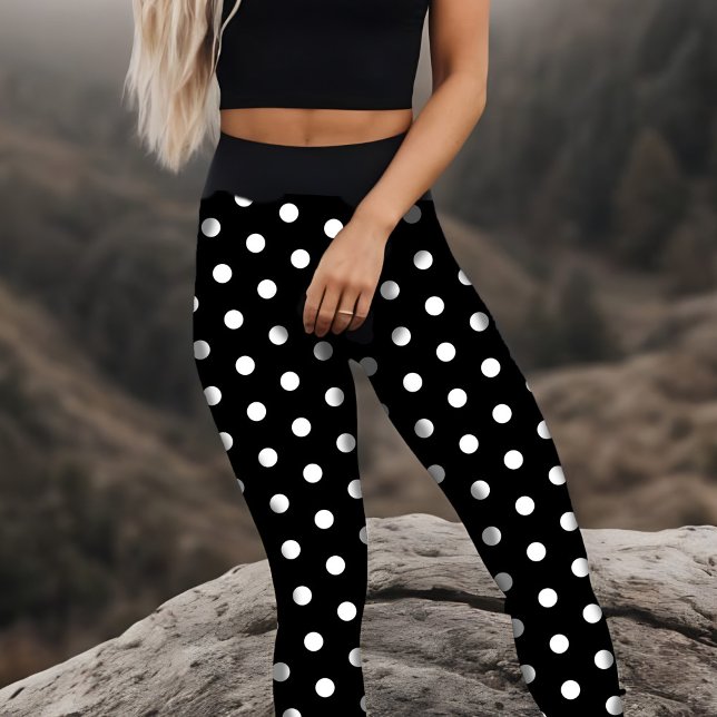 Fun Polka Dot Playful Black White Spots High Waist Capri Leggings (Black and white polka dot capri leggings, cute and fun california florida vacation workout or lounge)