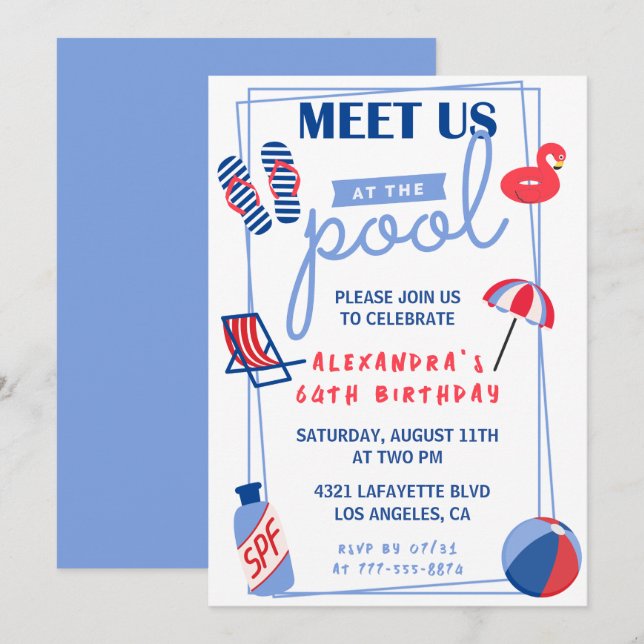 Fun Pool Party 64th birthday invitations  Summer (Front/Back)