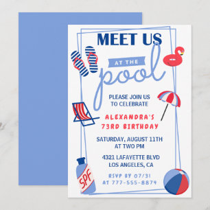 Fun Pool Party 73rd birthday invitations Summer