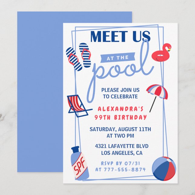 Fun Pool Party 99th birthday invitations  Summer (Front/Back)