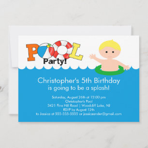 Fun Pool Party Birthday Invitation Blonde Boy