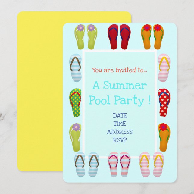 Fun Pool Party cute and modern flip flops Invitation (Front/Back)