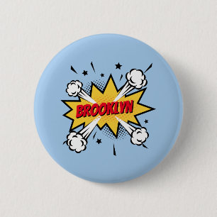 Fun pop art comic book style callout logo 6 cm round badge