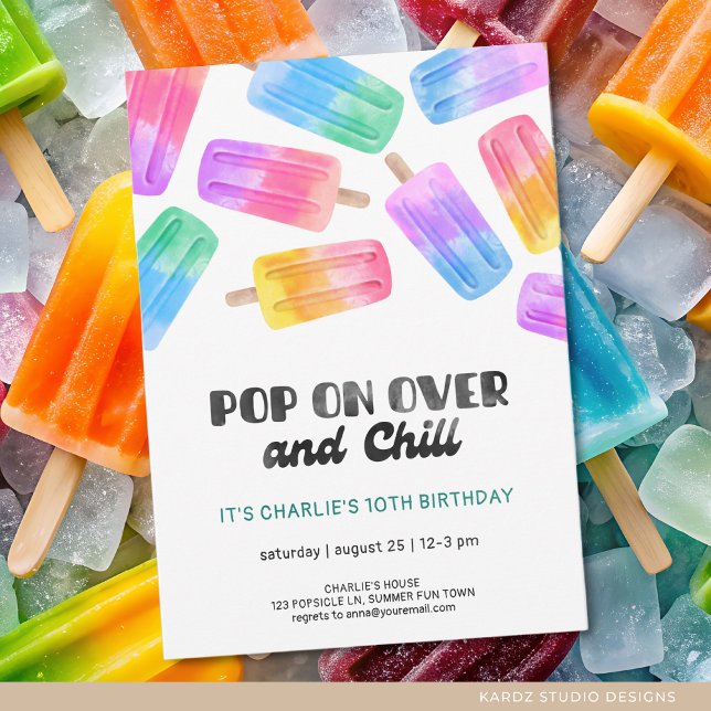 Fun Popsicle Pop On Over Kids Custom Birthday Invitation (Invite shown in 5 x 7 inches, choose size, paper, and corner style. Buy prints or a digital card.)