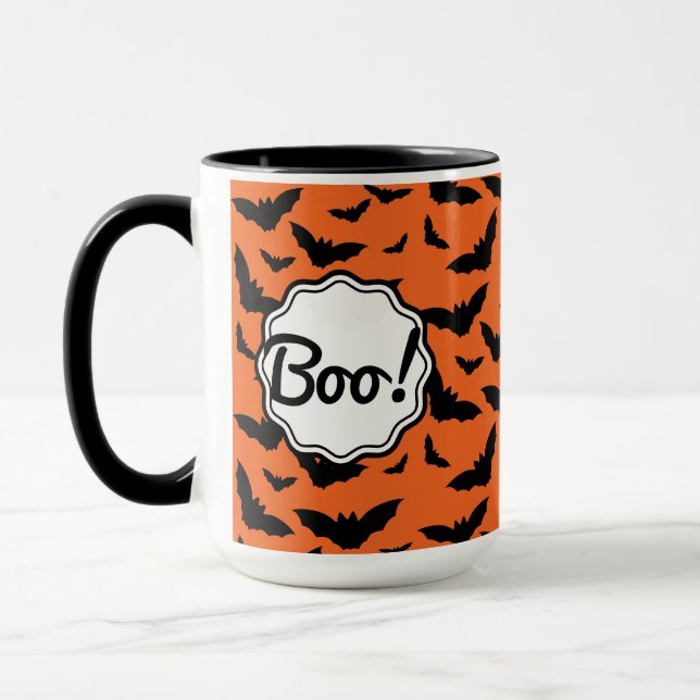 Fun Popular Halloween Orange Black Bat Boo! Mug (Left)