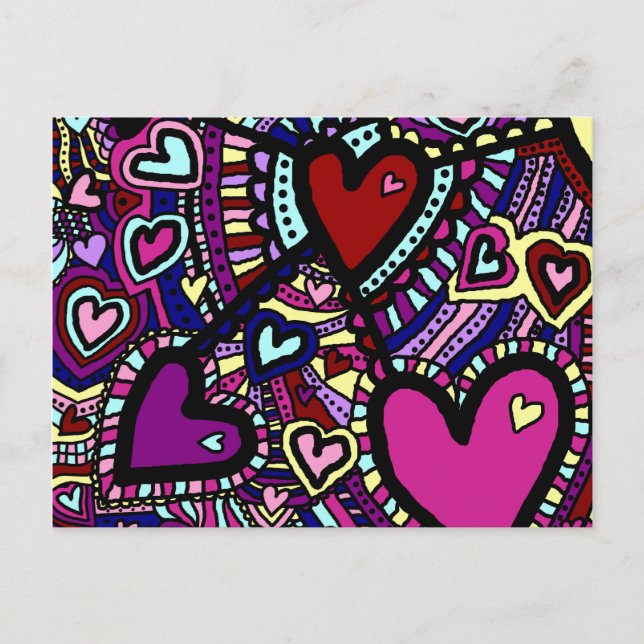 Fun Postcard, Psychedelic Trippy Hearts, Colourful Postcard (Front)