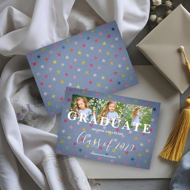 Fun Pre-K Graduation Blue Textile & Little Star (Fun Pre-K Graduation Invitation Cards with Blue Textile Texture and Little Stars with 3-Photo.)