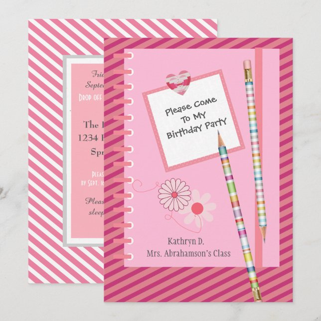 Fun & Pretty Classmate/School Birthday Invitation (Front/Back)