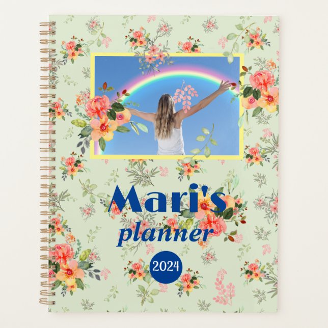 Fun pretty floral name navy blue planner (Front)