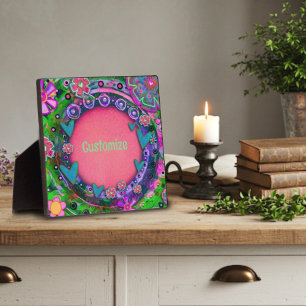 Fun Pretty Pink Floral Heart Whimsical Custom Plaque