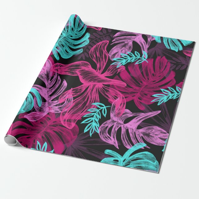 Fun Psychedelic and Glowing Neon Leaves Wrapping Paper (Unrolled)