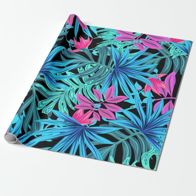 Fun Psychedelic and Glowing Neon Tropical Leaves Wrapping Paper (Unrolled)