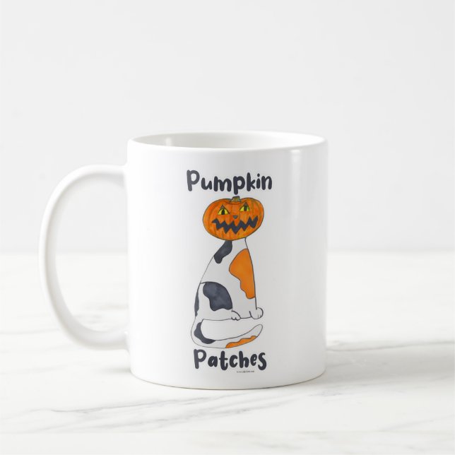 Fun Pumpkin Patches Halloween Calico Cat Cartoon Coffee Mug (Left)
