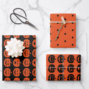 Fun Pumpkin Pattern Orange and Black Halloween Wrapping Paper Sheet