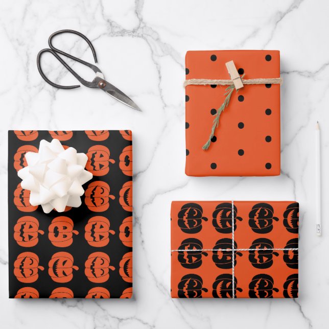 Fun Pumpkin Pattern Orange and Black Halloween Wrapping Paper Sheet (Front)