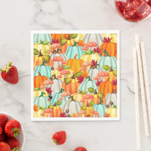 Fun Pumpkins Mushrooms And Fall Leaves Napkin