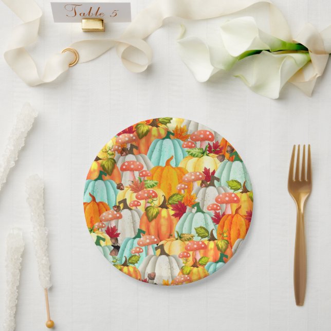 Fun Pumpkins Mushrooms And Fall Leaves Paper Plate (Wedding)