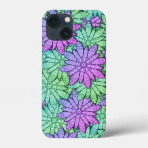 Fun Purple and Green Flowers iPhone 13 Mini Case