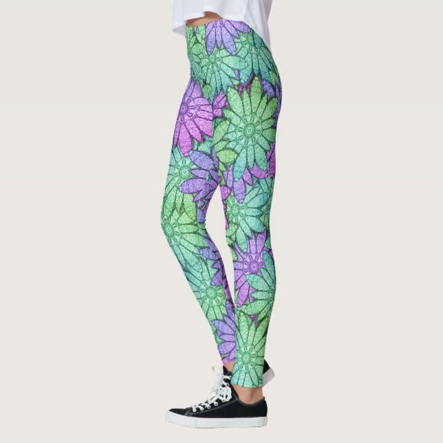 Fun Purple and Green Flowers Leggings (Left)