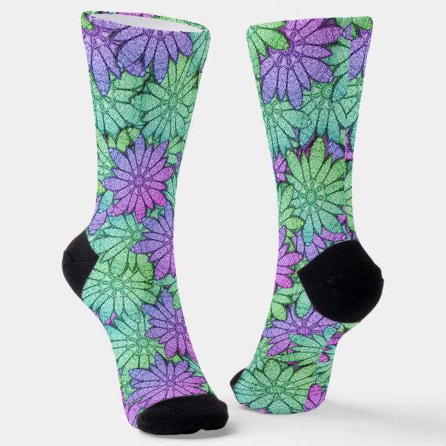 Fun Purple and Green Flowers Socks (Angled)