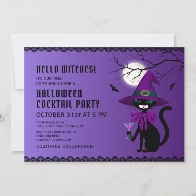 Fun Purple Black Cat Witch Hat Moon Halloween Invitation (Front)