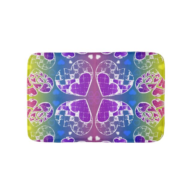 Fun Purple, blue, yellow Whimsical Hearts pattern Bath Mat (Front)
