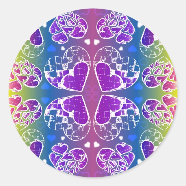 Fun Purple, blue, yellow Whimsical Hearts pattern Classic Round Sticker (Front)