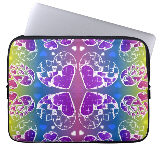 Fun Purple, blue, yellow Whimsical Hearts pattern Laptop Sleeve (Front)