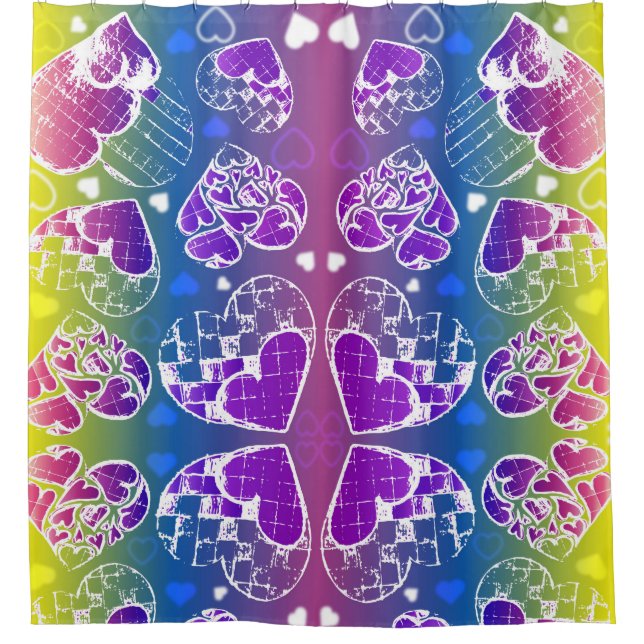 Fun Purple, blue, yellow Whimsical Hearts pattern Shower Curtain (Front)