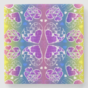 Fun Purple, blue, yellow Whimsical Hearts pattern Stone Coaster