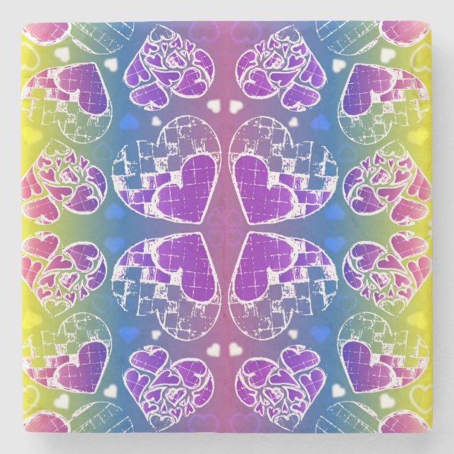 Fun Purple, blue, yellow Whimsical Hearts pattern Stone Coaster (Front)