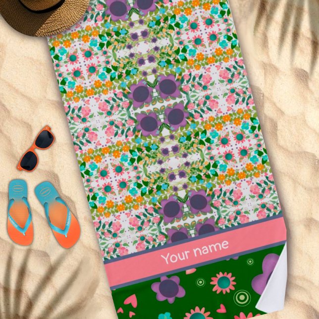  Fun Purple Floral Custom Name Pattern Trendy Beach Towel (Creator Uploaded)
