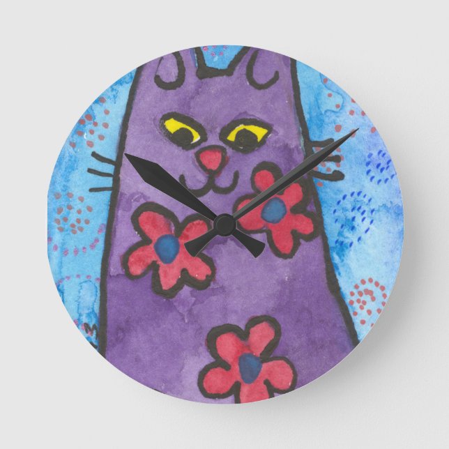 Fun Purple Flowered Cat Round Clock (Front)