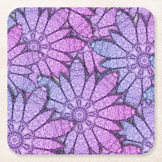 Fun Purple Flowers Square Paper Coaster (Front)