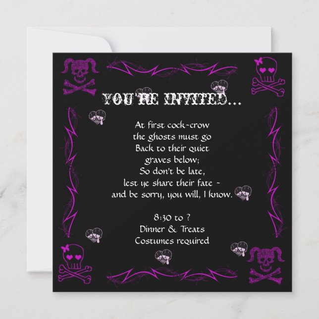 Fun Purple Girl Gothic Skulls Halloween Party Invitation (Front)
