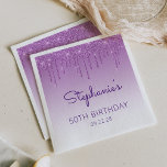 Fun Purple Glitter Drip 50th Birthday Party Napkin<br><div class="desc">These chic 50th birthday party paper napkins feature a sparkly purple faux glitter drip border and purple ombre background. Personalise them with the guest of honour's name in purple handwriting script,  with her birthday and date below in sans serif font.</div>