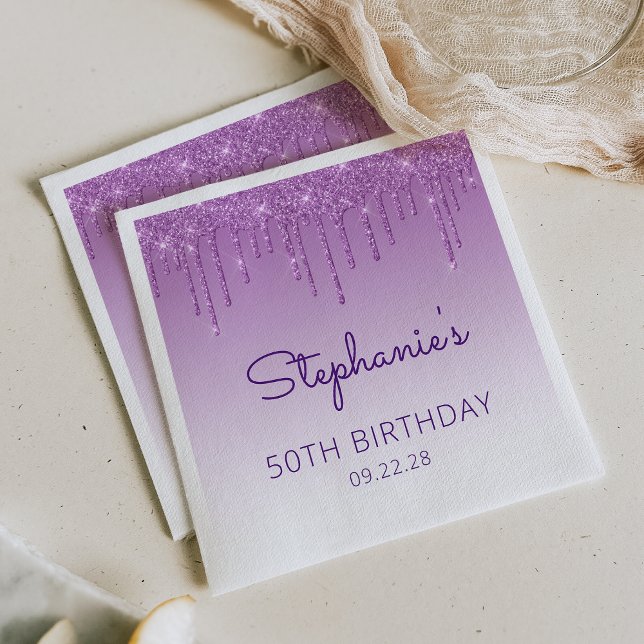 Fun Purple Glitter Drip 50th Birthday Party Napkin (Creator Uploaded)