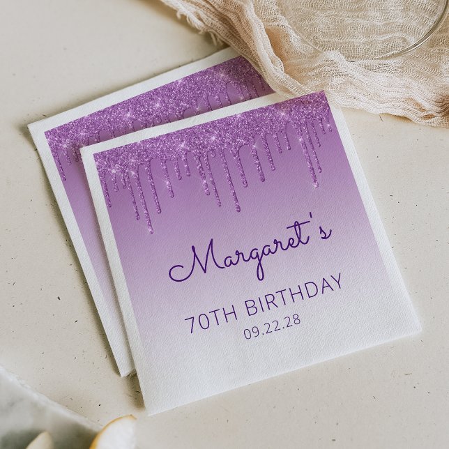 Fun Purple Glitter Drip 70th Birthday Party Napkin (Creator Uploaded)
