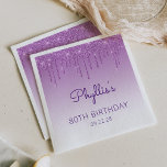 Fun Purple Glitter Drip 80th Birthday Party Napkin<br><div class="desc">These chic 80th birthday party paper napkins feature a sparkly purple faux glitter drip border and purple ombre background. Personalise them with the guest of honour's name in purple handwriting script,  with her birthday and date below in sans serif font.</div>