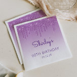 Fun Purple Glitter Drip 90th Birthday Party Napkin<br><div class="desc">These chic 90th birthday party paper napkins feature a sparkly purple faux glitter drip border and purple ombre background. Personalise them with the guest of honour's name in purple handwriting script,  with her birthday and date below in sans serif font.</div>