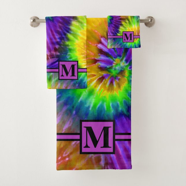 Fun Purple Green Orange Retro Tie Dye Monogrammed Bath Towel Set (Insitu)