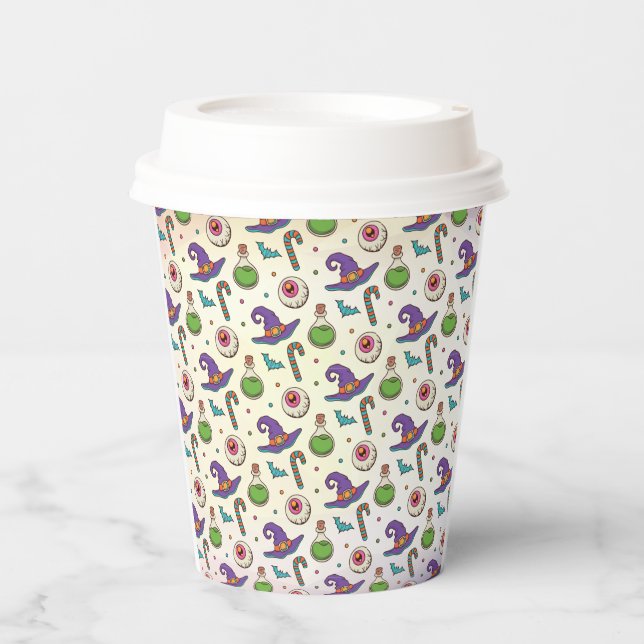 Fun Purple Halloween, Green Magic Witchy Bottle Paper Cups (Front)