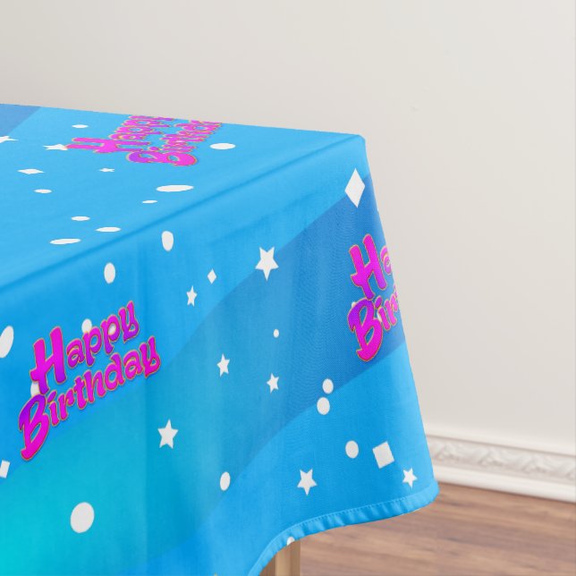 Fun Purple Happy Birthday Graphic on Blue Tablecloth (In Situ)