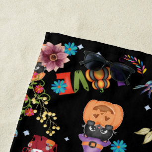 Fun Purple Hat Catoween, Cute Orange Pumpkin Beach Towel