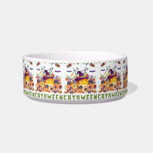 Fun Purple Hat Catoween, Cute Orange Pumpkin Bowl