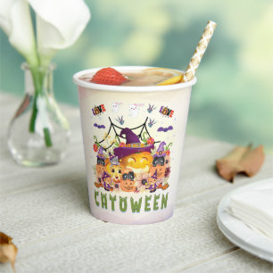 Fun Purple Hat Catoween, Cute Orange Pumpkin, Cato Paper Cups