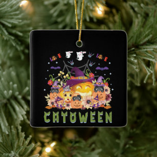 Fun Purple Hat Catoween, Cute Orange Pumpkin Ceramic Ornament