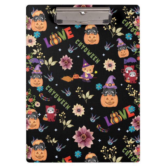 Fun Purple Hat Catoween, Cute Orange Pumpkin Clipboard (Front)