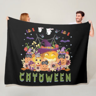 Fun Purple Hat Catoween, Cute Orange Pumpkin Fleece Blanket